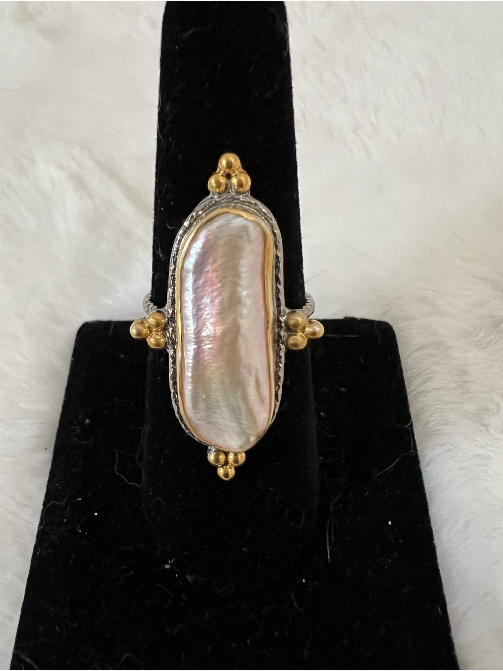 Sterling Silver Mother-of-Pearl Statement Ring with Gold Accents